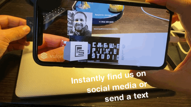 Gif showing social media features of Augmented Reality Business Card app on iOS.